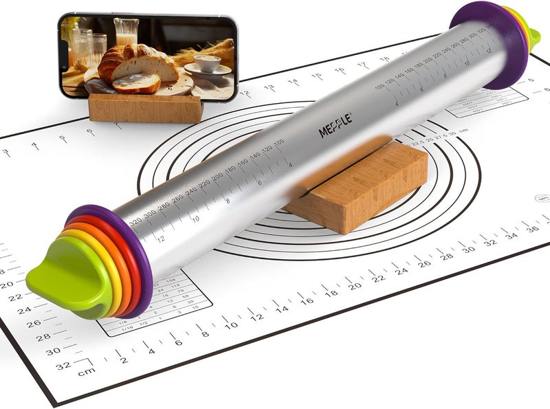 Mepple Stainless Steel Rolling Pin with Thickness Rings and Pastry Baking Mat, 13.6" Adjustable Rolling Pin Dough Roller for Baking Cookie Pizza, Comes with Large Silicone Pastry Mat and Wooden Stand - Image 1
